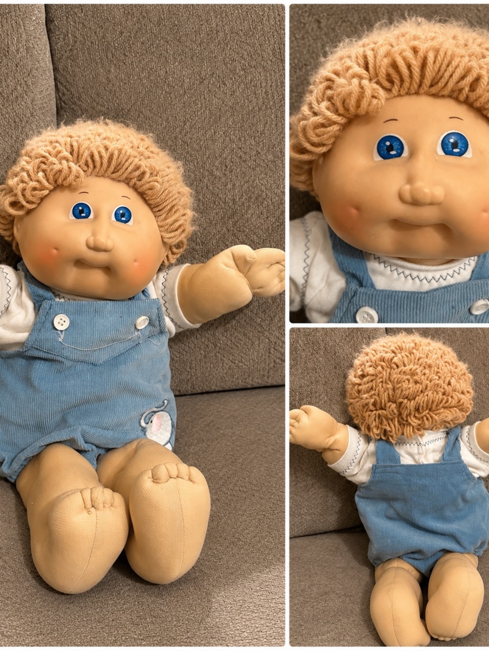 Classic Plush Baby Doll with Blue Overalls and Curly Tan Hair